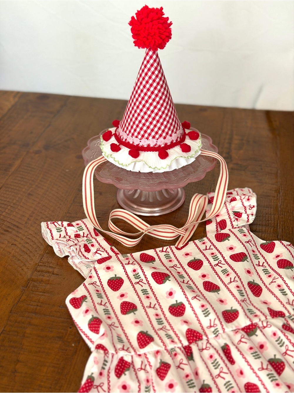 Birthday Party Dress/Sundress with Red Strawberry Print and birthday hat - Picture 2 of 16